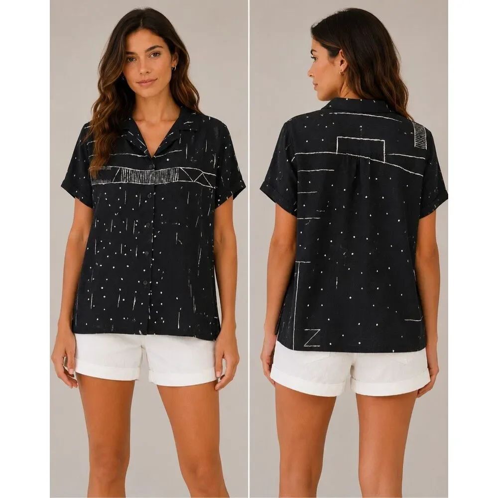 Animale Abstract Print Button Front Blouse Black White Short Sleeve Sz S